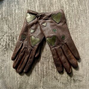 Moschino Perforated Brown Leather Gloves with Green Heart Accents